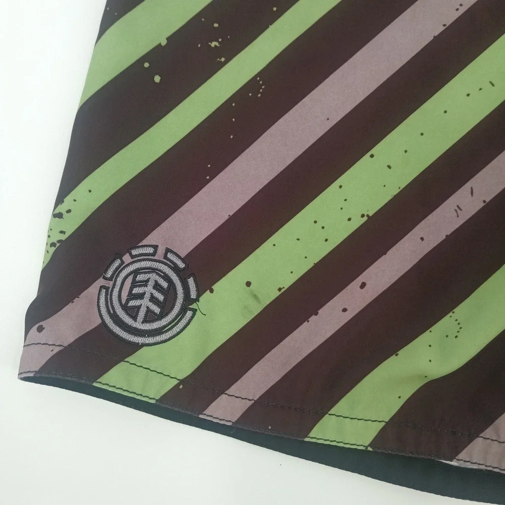 Element Mens Striped Surf Board Shorts Size 34 Green Brown embroidered Logo‎